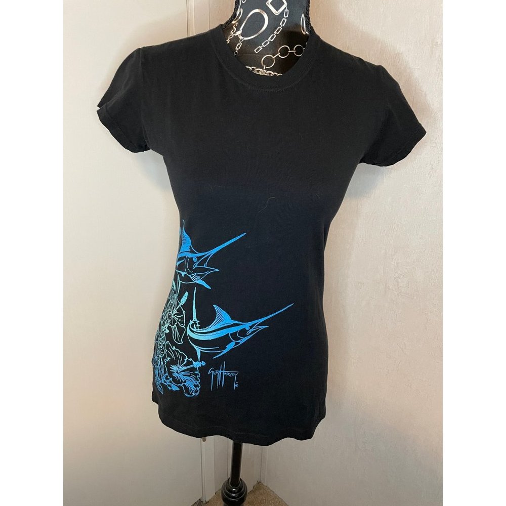 Guy Harvey Hawaiian Short Sleeve Tee  Women's Fitted Large Black Blue   Swordfis